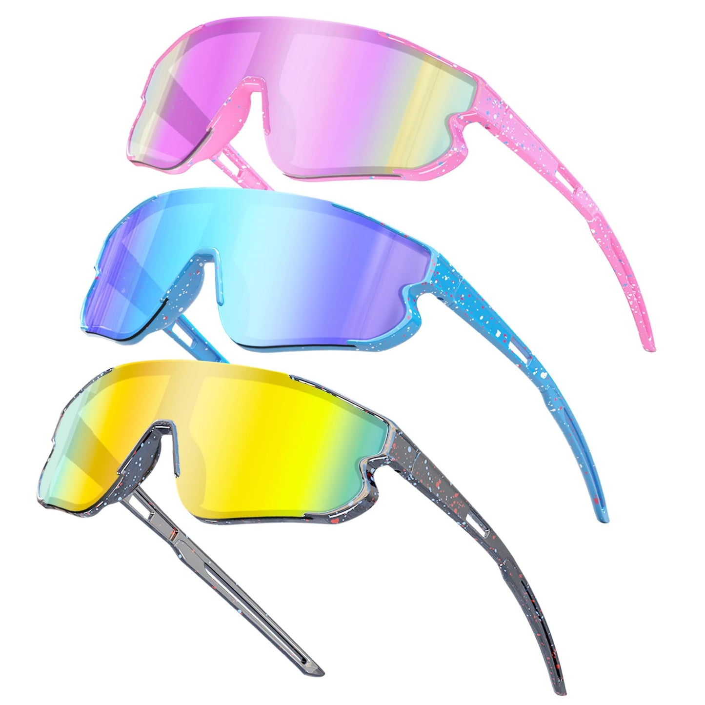 Wapreta 3PACK Kids Sunglasses Youth Baseball Sunglasses for 4-12 Boys Girls Cycling Softball Running UV400 Sports Goggles (Pink Frame + Blue Frame + Black Frame)