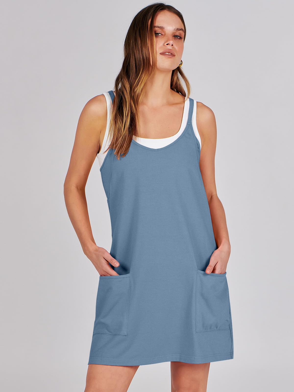 ANRABESS Women Athletic Dress Summer Tennis Workout Active Sports Mini Romper Dress Built in Shorts Travel Vacation Clothes Blue Large
