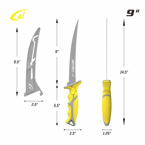 danco 9" Flex Fillet Knife Yellow Karl Fishing Knives, Premium Swedish Steel Blade, Non-Stick Teflon Coating for Smooth, Precise Cuts, Freshwater/Saltwater