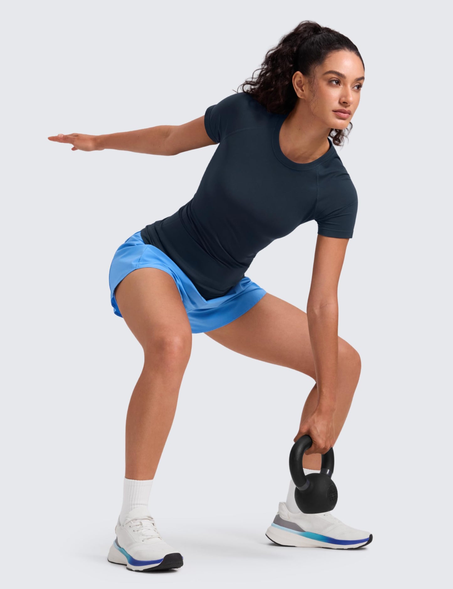 CRZ YOGA Seamless Workout Tops for Women Short Sleeve Athletic Tees Breathable Gym Running Yoga Shirts Twilight Blue Medium