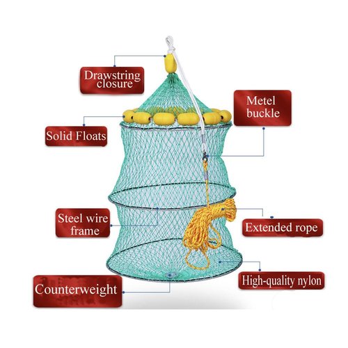 FASPLORE Collapsible Fish Basket, Floating Net Fish Keeper, 3-Ring Mesh Design with Rope, Green