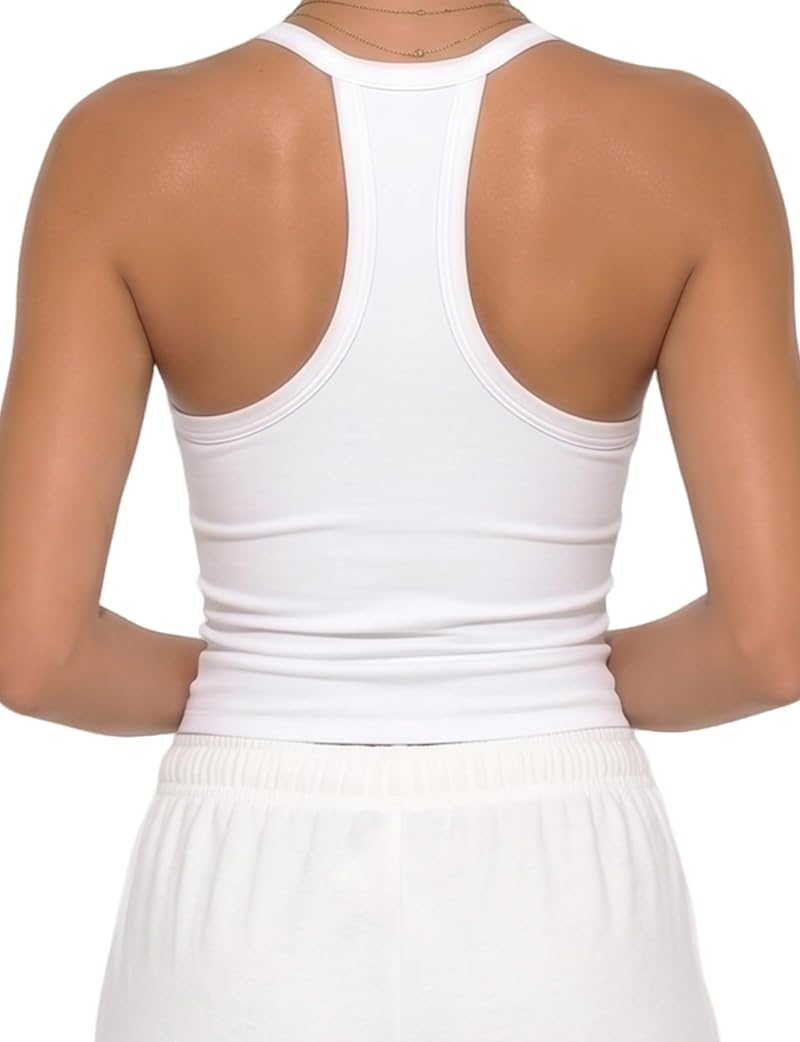 AURUZA White Small Ribbed Racerback V-Neck Tank Top for Women - Long Length, Slim Fit