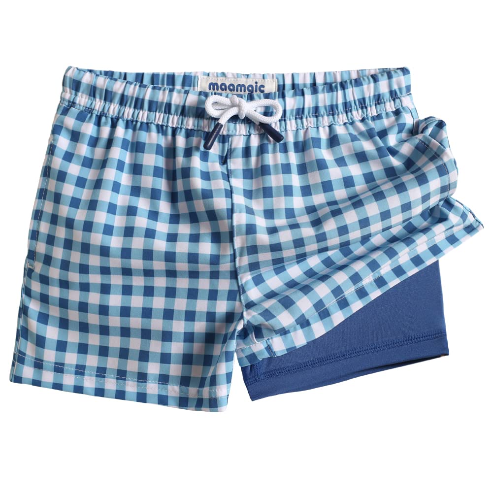 maamgic Boys Swim Trunks with Compression Liner Toddler Boy Swimsuit Quick Dry 4-Way Stretch Swimming Trunks Check Blue 7 Years