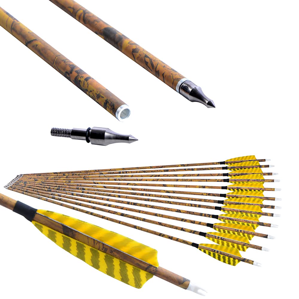 ZSHJGJR 30” Archery Carbon Arrows Hunting Arrows with 4” Turkey Feather Removable Tips Targeting Practice Arrows 500 Spine for Compound & Recurve & Traditional Bow 6/12pcs (12)
