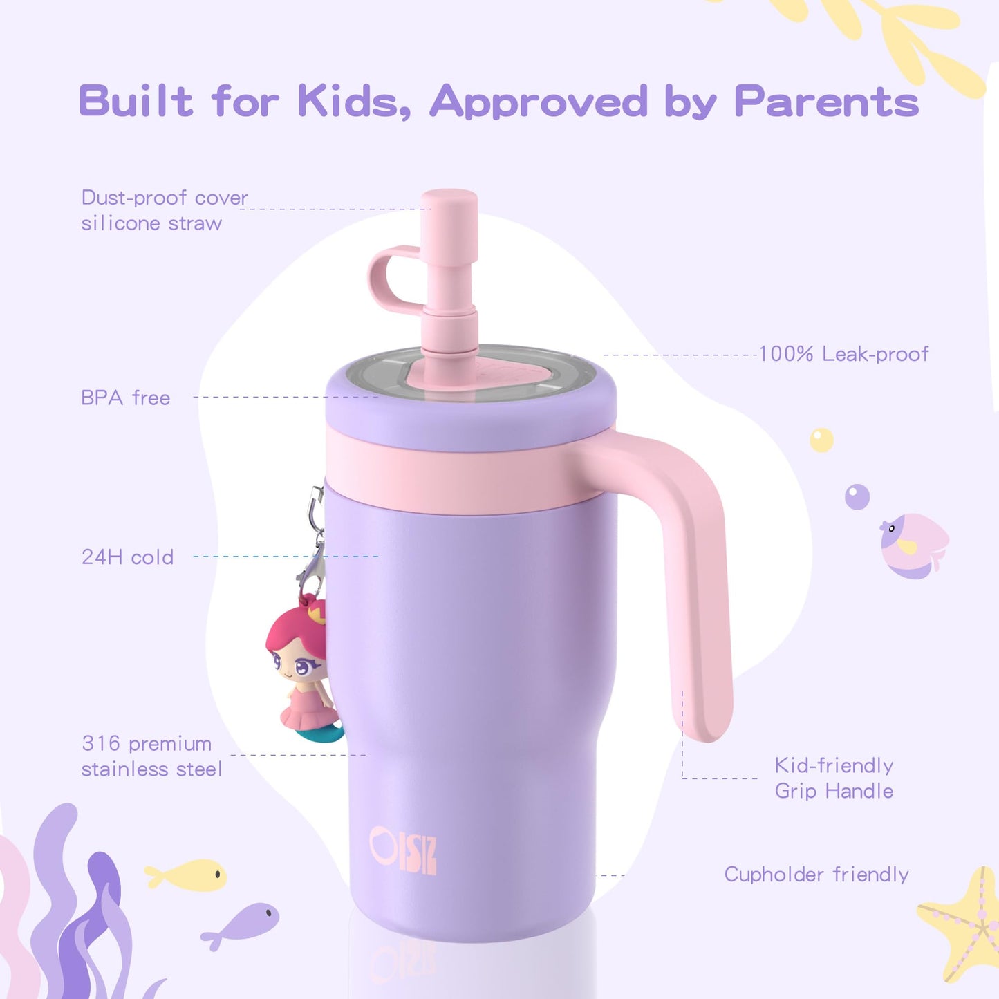 OISIZ 14oz Kids Tumbler with Straw Lid & Handle,Kids Cup with Animal Accessory for School,Kids Water Bottles with Dust-proof Cover,Leakproof Water Bottles,316 Stainless Steel,Keep Cold 24 Hours-purple