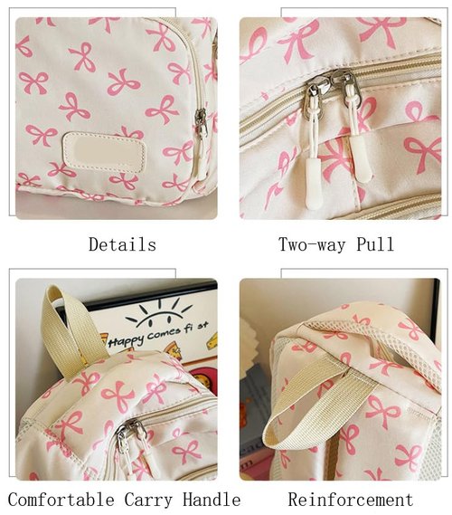 Bow Backpack for Women 3Pcs Set Kawaii Coquette Nylon Backpack Cute College Laptop Rucksack Fashion Travel Daypack (White Pink)