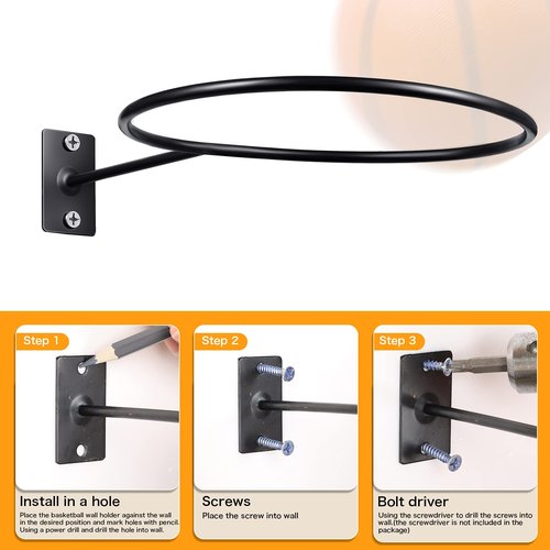 Threan 4 Pieces Basketball Holder Wall Mmount Universal Ball Storage Display Rack Metal Black Ball Holder Saver for Basketball Football Space Volleyball Soccer Storage Display