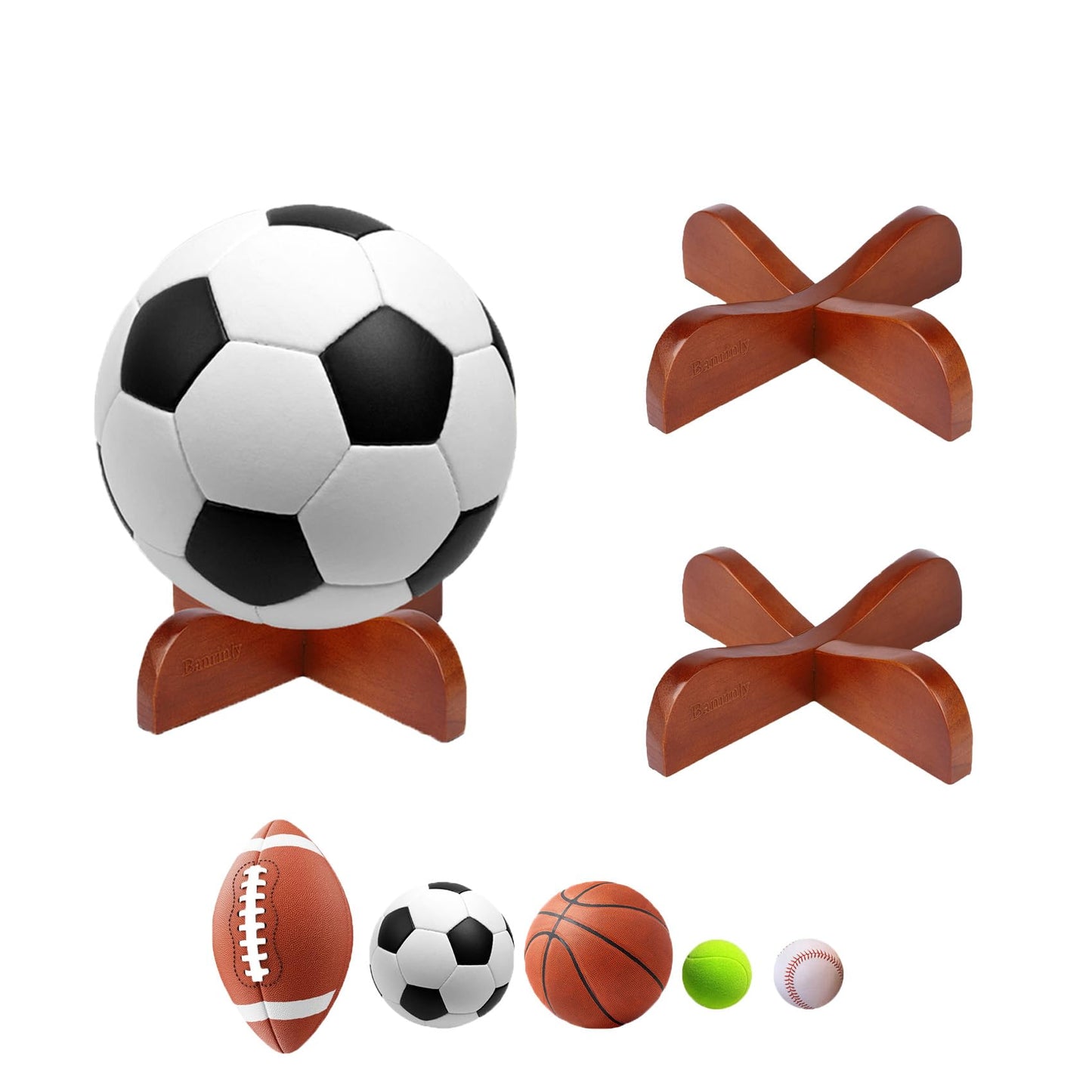 Banrinly 2-Pack Wooden Ball Display Stand - Solid Wood Sports Ball Holder for Football, Basketball, Rugby, Soccer, Volleyball Memorabilia - Premium Ball Display Case Base