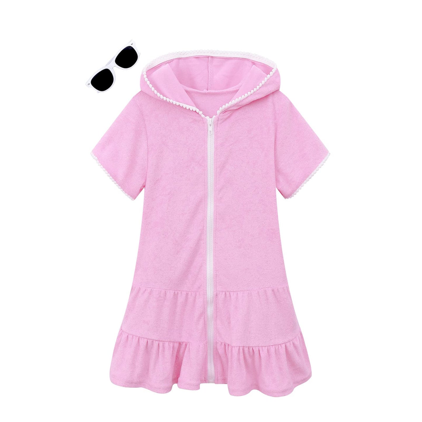 LUCKYGAL Terry Swim Cover-Up for Girls Kids Beach Swimsuit Coverup Bathing Suit Wraps, Size 10 11 Pink