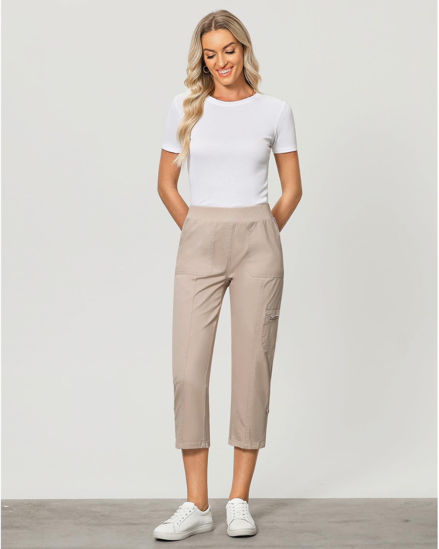 GRAPENT High Waisted Cargo Pants Women's Cargo Pants Capris with Pockets for Women Womens Trousers Cropped Cargo Pants Women Stretchy with Zipped Pockets Color Light Taupe X-Large Size 16 to 18