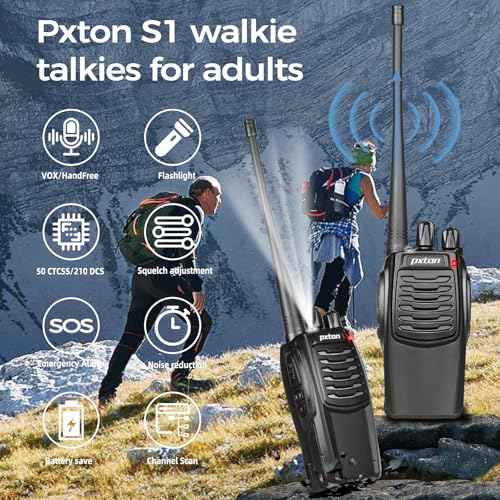 pxton S1 walkie talkies for Adults with earpieces and Rechargeable 1500mAh Li-ion Battery£¬walkie Talkie has VOX£¬TOT£¬Emergency Alarm£¬Battery Low Alert£¬Flashlight£¬Scan Function£¨2 Pack£©