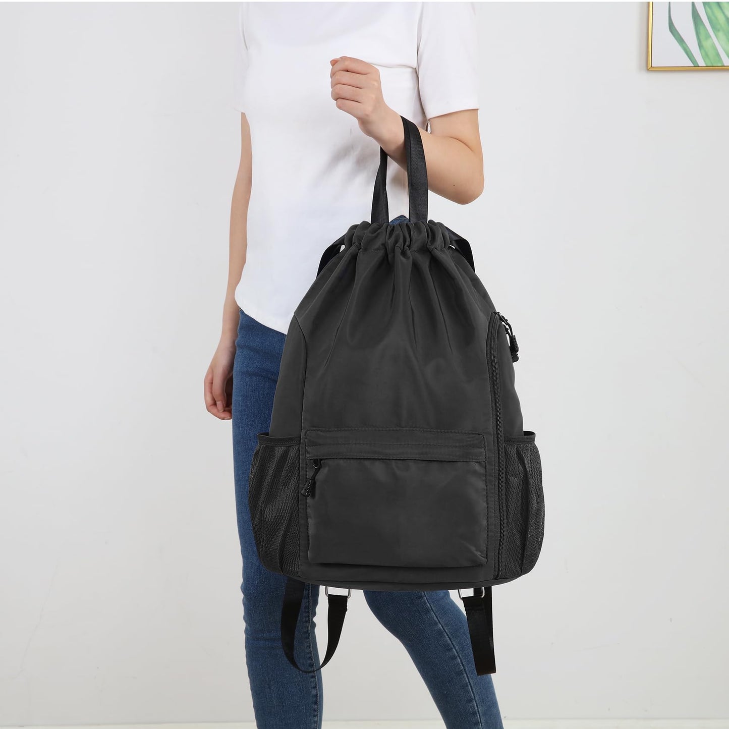 Valleycomfy Waterproof Drawstring Gym Backpack Bag for Men & Women,Sports Gym Bag with Side Pocket Black