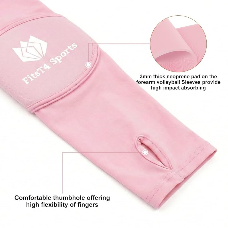 Girls Volleyball Arm Sleeves with Thumbhole and Padded Protection – Pink+10"