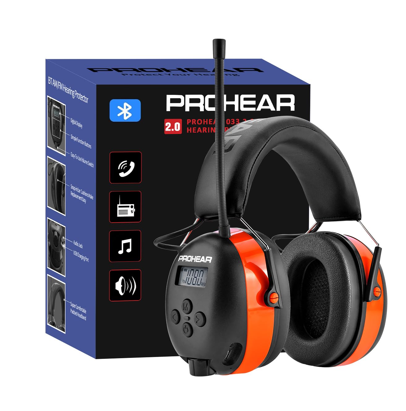 PROHEAR 033 2.0 Upgraded Bluetooth Hearing Protection AM FM Radio Headphones - 31SNR Noise Reduction Ear Muffs with Long-Lasting Stable Rechargeable Battery - 50 Hrs for Mowing Snowblowing - Orange