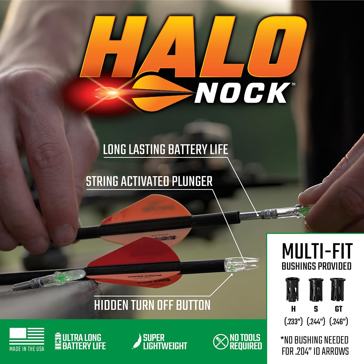 Halo Nock FIT Lighted Nocks for Archery & Bowhunting, Fits .204, .233, & .244-.246 Internal Diameter Arrows, Green, 3-Pack