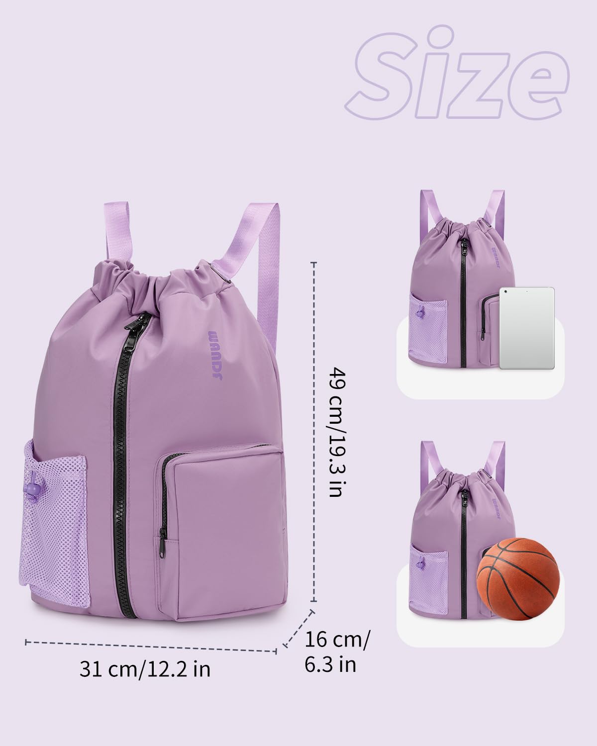 WANDF Drawstring Backpack with Shoe Compartment, Sports Gym Bag
