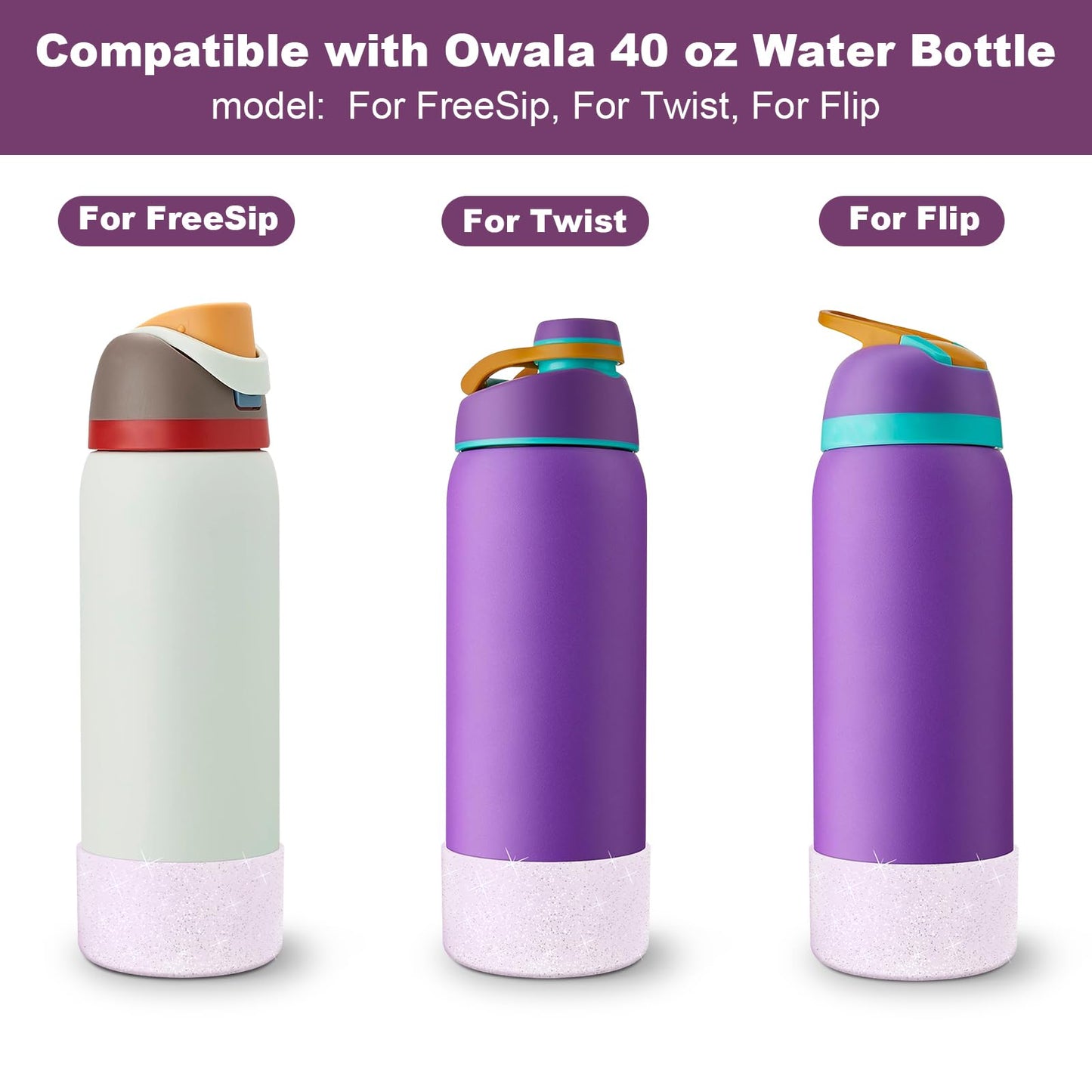 Beonsky 2 PCS Glitter Silicone Boot for Owala Water Bottle 40 oz, Anti-Slip Protective Sleeve for FreeSip/Twist/Flip Stainless Steel Water Bottles Accessories