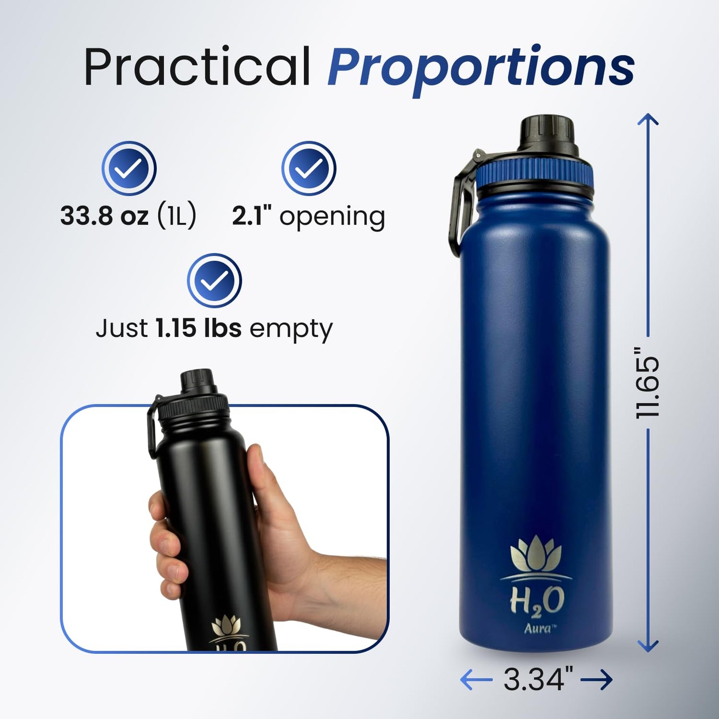 Premium 1 Liter Water Bottle (33.8 oz) with Carrying Case & Strap - Double Wall Vacuum Insulated Stainless Steel Water Bottle - Leakproof Lid, Wide Mouth, BPA-Free, Removable Strainer – Black