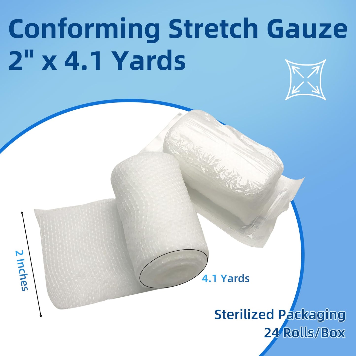 GlobalRoll Stretch Gauze Bandage, Gauze Rolls 2'' x 4.1 Yards - 24 Rolls Individually Wrapped Conforming Stretch Bandage, First Aid Wound Care Rolls for Primary Wound Dressing Support