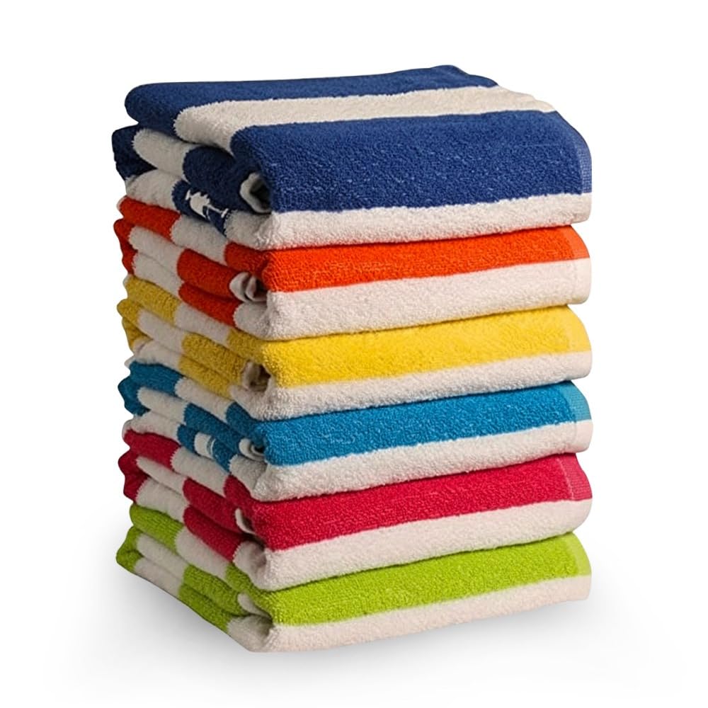QUBA LINEN 100% Cotton Beach Towels, Cabana Stripe Beach Towel, Large Pool Towels, Highly Absorbent, Light Weight, Soft and Quick Dry Swim Towels, for Parties, Guests (Pack of 6)