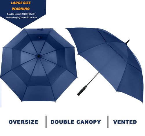 Baraida Golf Umbrella Large 62/68/72 Inch, Extra Large Oversize Double Canopy Vented Windproof Waterproof Umbrella, Automatic Open Golf Umbrella for Men and Women and Family.(62 Inch,Navy Blue)