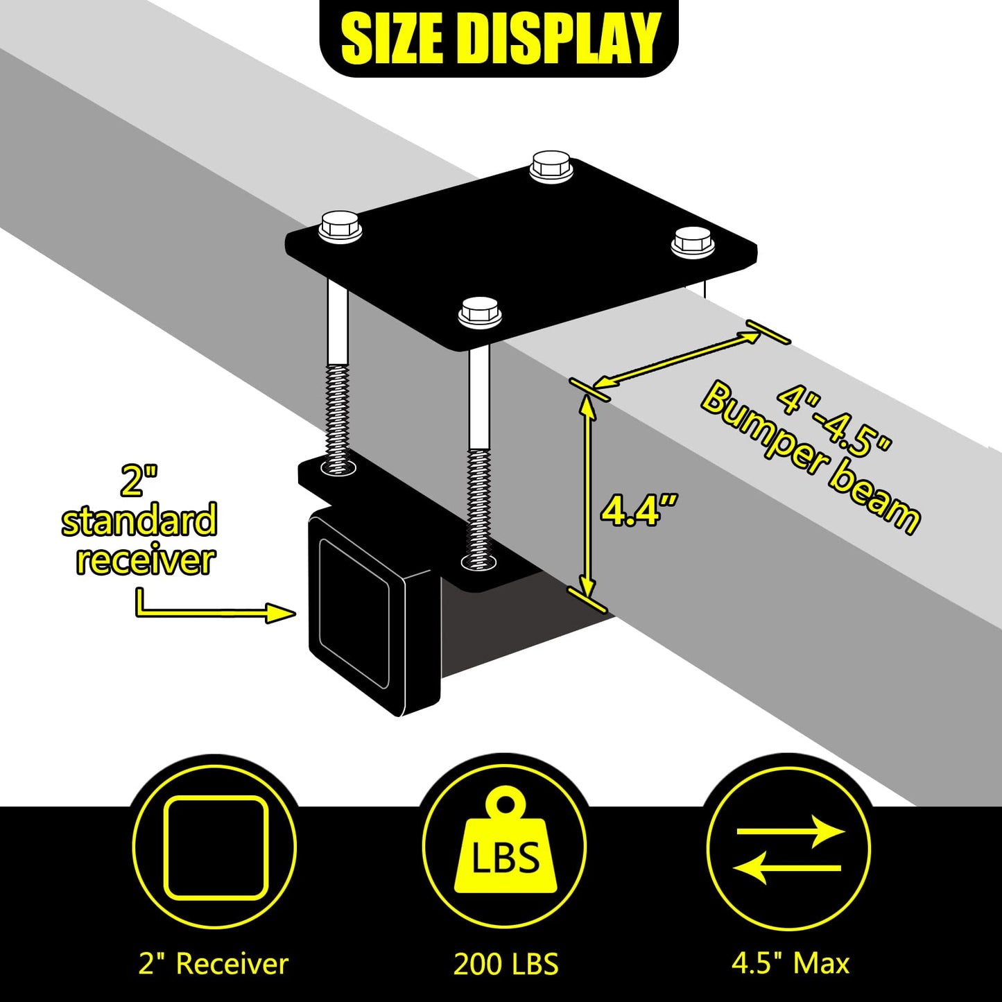 KAIRAY Bolt-on RV Bumper Hitch Receiver Adapter for 4-4.5'' Beams，2'' Receiver Opening, Trailer Rear Bumper for Camper Bike Racks Cargo Carriers