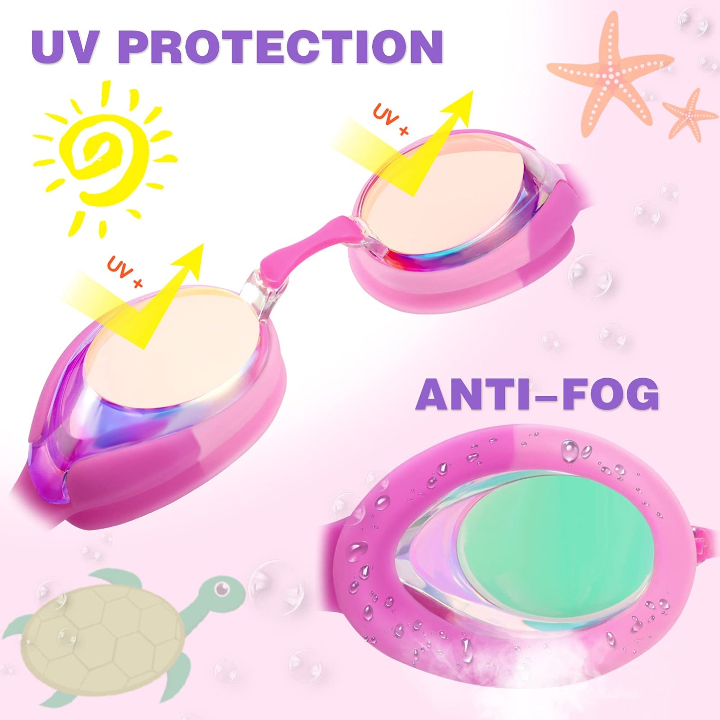 Keary Kids Swim Goggles for Toddler Children Girls Boys Youth, Anti-Fog Waterproof UV Protection Clear Vision Mirror Flat Lens, Pink Kids Goggles with 3 Nose Pieces