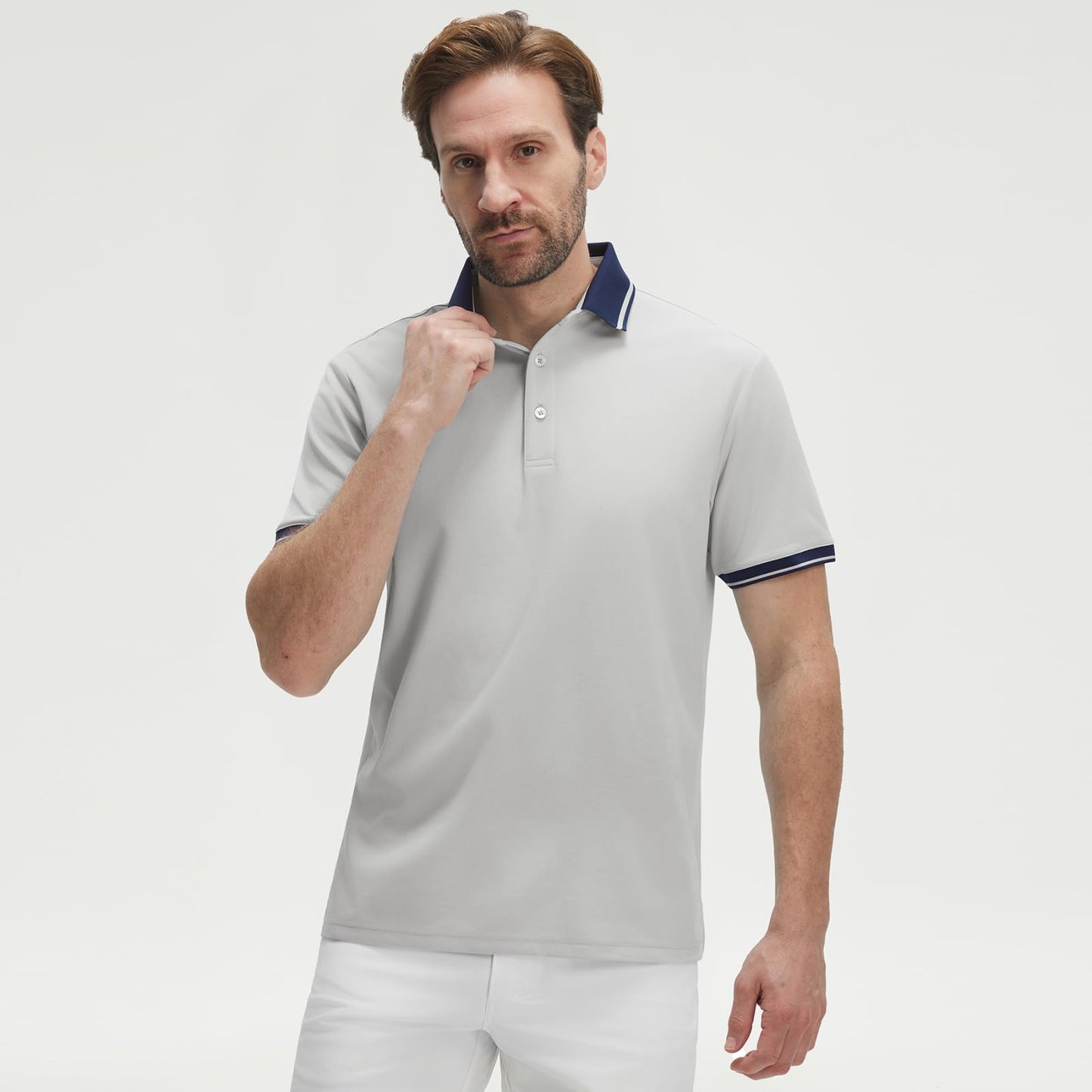 M MAELREG Mens Golf Shirt Quick Dry Lightweight Contrast Collared Stretch Solid Casual Athletic Polo Shirts for Men Khaki Grey