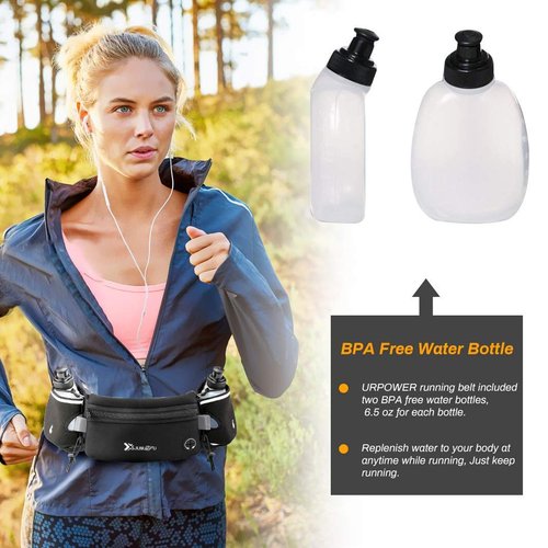 Number-one Running Belt with Water Bottles(2 x 175ML), Hydration Belt Waterproof Waist Pack Bag Fits iPhones Adjustable Sports Waist Pouch for Marathon Running Hiking Cycling, Black