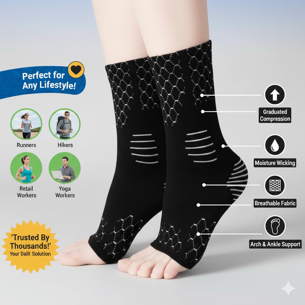 Compression Socks for Plantar Fasciitis, Achilles Tendonitis, Arthritis Relief - Ankle Brace Compression Sleeve with Foot Arch Support, Ankle Wrap for Women, Men, Swelling & Heel Pain Relief - Black (1 Pair) (Small/Medium)