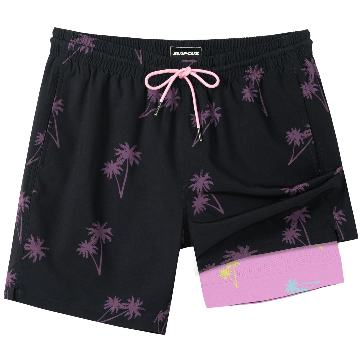 SURF CUZ Mens Swim Trunks with Compression Liner Quick Dry Swim Shorts 7" Swimming Trunks Stretch Zipper Pockets Black Palm Tree Large