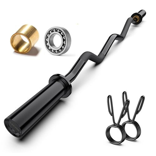 Olympic EZ Curl Barbell Bar 47", Mute Bearings - 2" Curl Bar for Weight Lifting, Hip Thrusts,Biceps,Squat-Home Gym Weight Bar-Chrome Curling Strength Training, 2Pcs Collars(800lbs Weight Capacity) (Black)