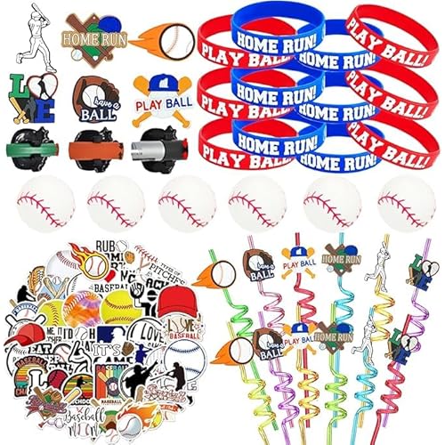 86PCS Baseball Party Favors Set Baseball Gifts Goodie Bags Including Silicone Baseball Bracelets Mini Baseball, Stickers,Pencil Caps Baseball Party Straw Suitable for Baseball Birthday Partys