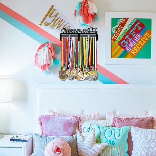 PH PandaHall Medal Hanger Holder Display Rack Gymnastics Medal Hanger Awards Ribbon Cheer 3 Lines Sport Award Rack Wall Mount Metal Frame for Over 50 Medals Necklace Jewelry 15.75 Inch