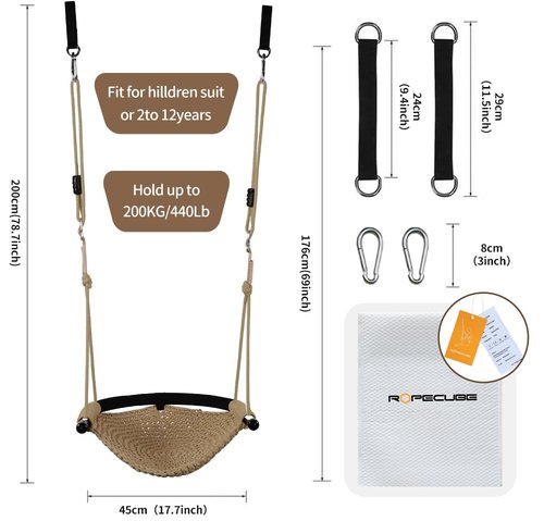 ROPECUBE Hand-Knitting Toddler Swing, Swing Seat for Kids with Adjustable Ropes, Little tikes Swings Set, for Outdoor Indoor, Playground, Backyard (Light Brown)