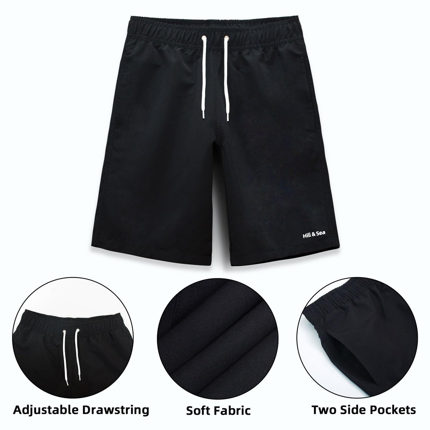 Hill & Sea Boys Swim Trunks Boys Swim Shorts Bathing Suit Swimwear Quick Dry Board Shorts Swimsuit with Pockets(Black-14-16)