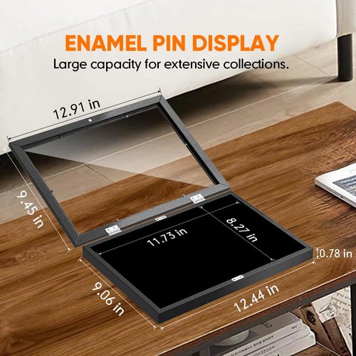 Moryimi Enamel Pin Display Case, 13" X 9.5" Pin Display Board for Enamel Pins, Black Pin Collection Display for Wall and Tabletop Display, Wall Hanging Pin Holder Display Shadow Box for Pins