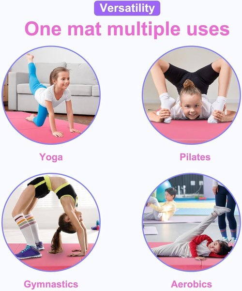 Foldable Exercise Mat 6/8/10 - PU Leather Gym Mat for Yoga, Stretching, Aerobics, Tumbling, Cheerleading, Martial Arts - Non-Slip Home Workout Mat with Hook & Loop Fastener - Versatile Fitness Mat for Gymnastics (pink, 6x2x2)