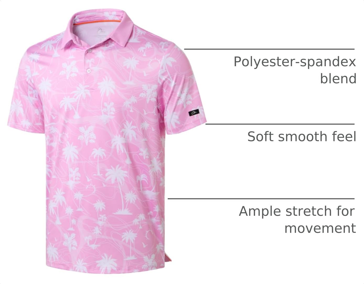 Obla Mens Golf Polo Shirts Short Sleeve Dry Fit Casual Print Collared Golf Shirts Wicking for Men(Pink Coconut Beach_XL)