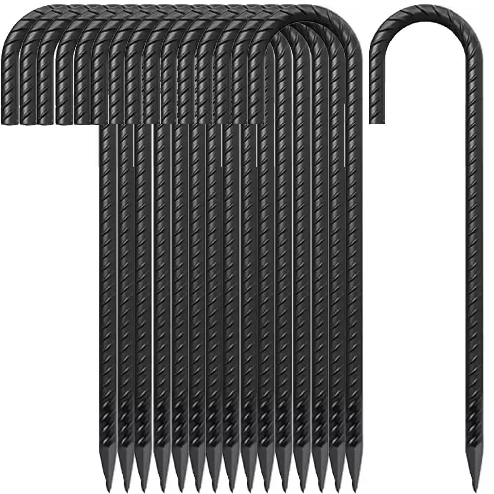 12 Inch Rebar Stakes J Hook Ground Stakes,16-Pack Fence Stakes Metal Tent Stakes for Tents, Position Kits,Fences, and Trampolines (12" J Shape-Black)