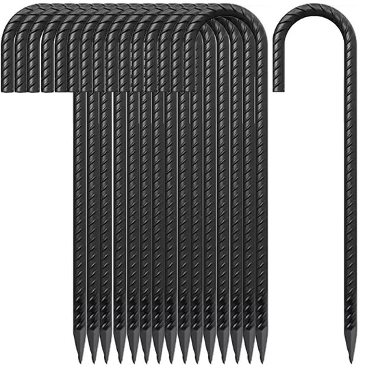 12 Inch Rebar Stakes J Hook Ground Stakes,16-Pack Fence Stakes Metal Tent Stakes for Tents, Position Kits,Fences, and Trampolines (12" J Shape-Black)