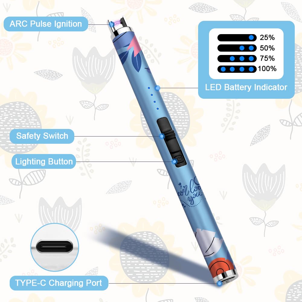 SUPRUS Candle Arc USB Type C Lighter Electric Lighter with Upgraded LED Battery Display Safety Switch Rechargeable Flameless Plasma Windproof Portable for Mother‘s Day (Blue)