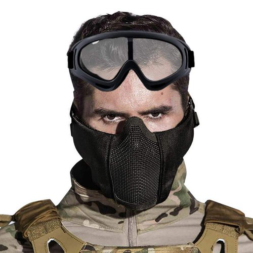 Yzpacc Airsoft Mask with Goggles, Foldable Half Face Airsoft Mesh Mask with Ear Protection for Paintball Shooting Cosplay CS Game