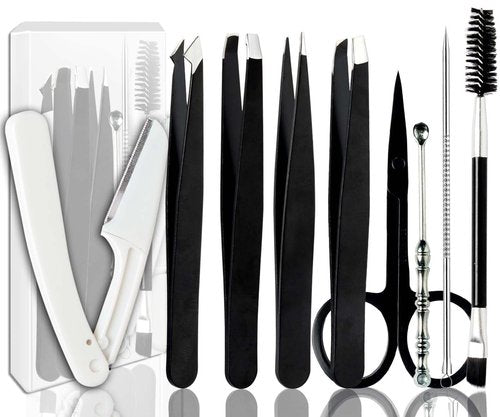 Muzioiernsu [9+1 PCS] Tweezers Kit Tweezer for Women Facial Hair Removal Tweezers Professional Tweezers Set Eyebrow Tweezer, Professional Stainless Steel Eyebrow for Women &Men,Black Beauty Sets