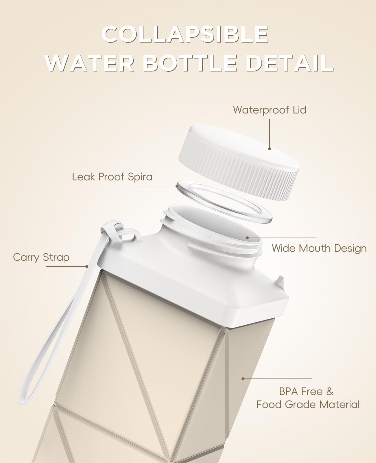 Mefold Collapsible Water Bottles 17.4oz(516ML), 2nd Generation Leakproof BPA-Free Travel Water Bottle,Lightweight Reusable Water bottle, Portable for Travel Cycling Gym Sports,Champagne White, 1 Pack