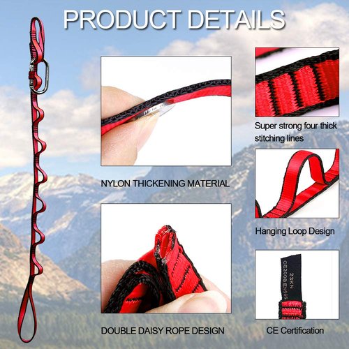 DASKING 23KN (5070 lbs) Heavy Duty Climbing Straps - 2 Pack Adjustable Daisy Chain Webbing for Aerial Yoga, Hammock, Fitness & Rigging - CE/EN566 Certified, Red