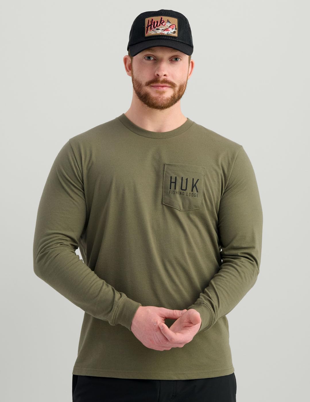 HUK Mens Pocket Tee, Comfortable Performance Fishing Long Sleeve T-Shirt with Chest Pocket, Lodge - Moss, X-Large