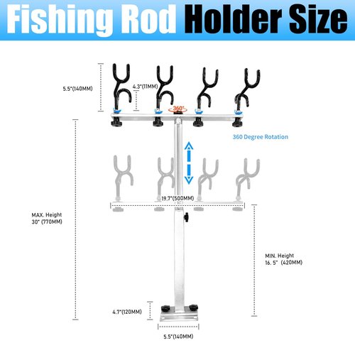 Aluminum Fishing Rod Holder for Boat,Fishing Boat Accessories with Replacement Mounting Plate,PVC Coated Steel Wire Fishing Pole Holders for Ship,Yacht,Adjustable Height(Silver)
