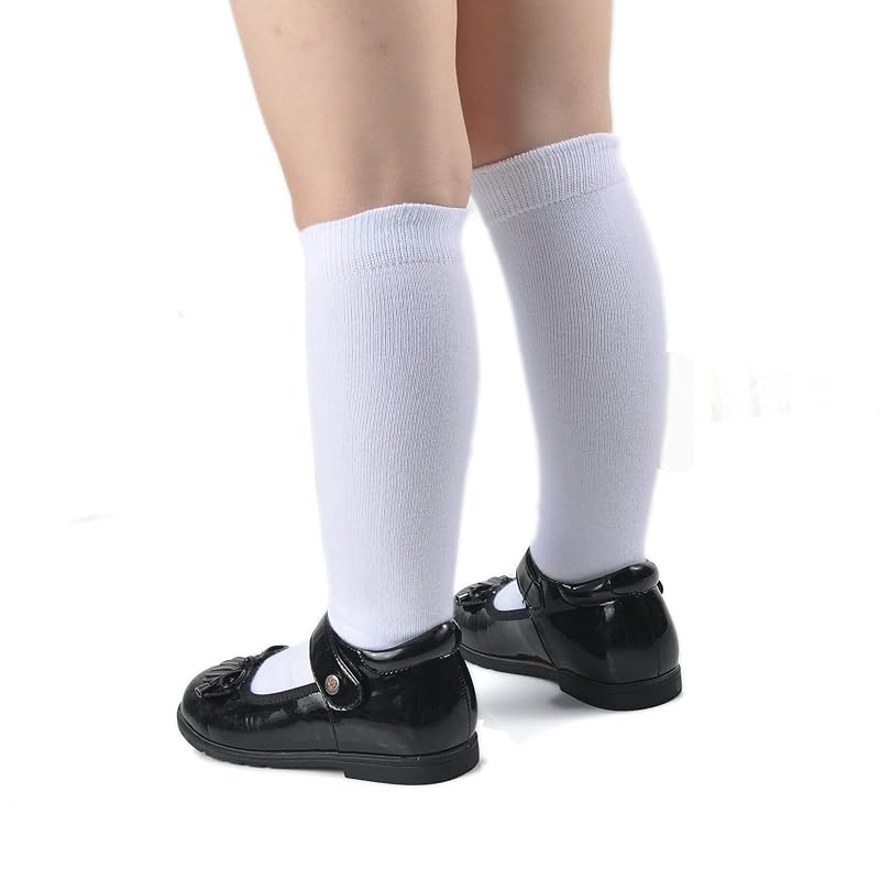 Knee High Crew Socks for Kids 3-14 - Seamless Toe Cotton School Uniform Pack - Plain White 4-pack