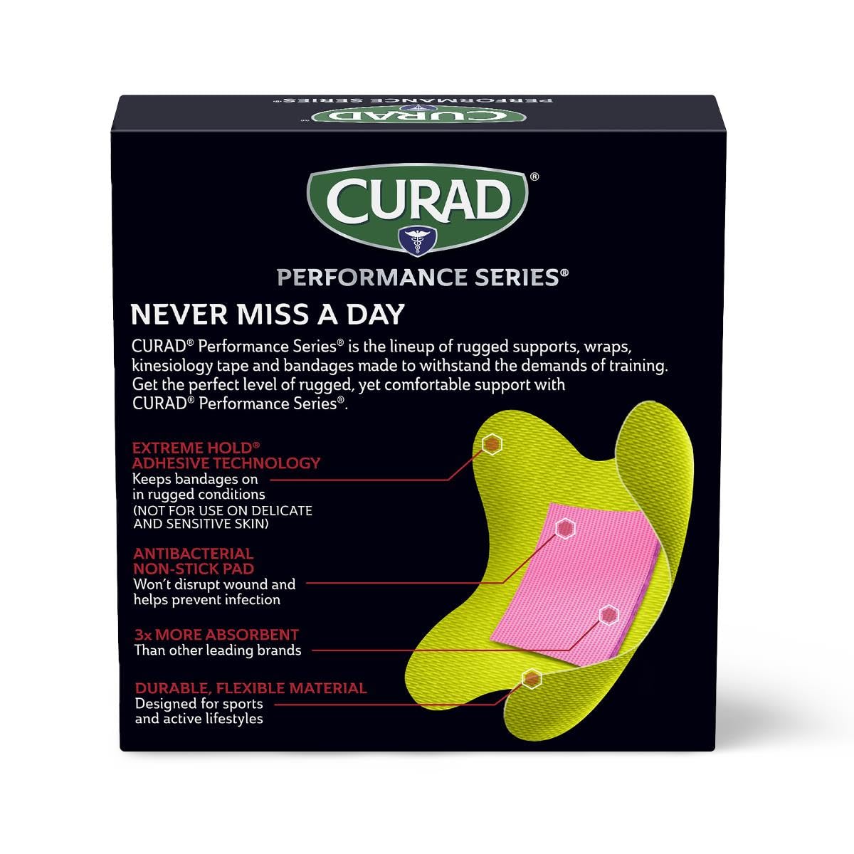 CURAD Performance Series Antibacterial Bandages, Elbows and Knees, 3" x 3", 10 Count